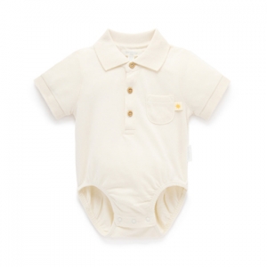 Purebaby有機棉嬰兒短袖包屁衣-白色POLO